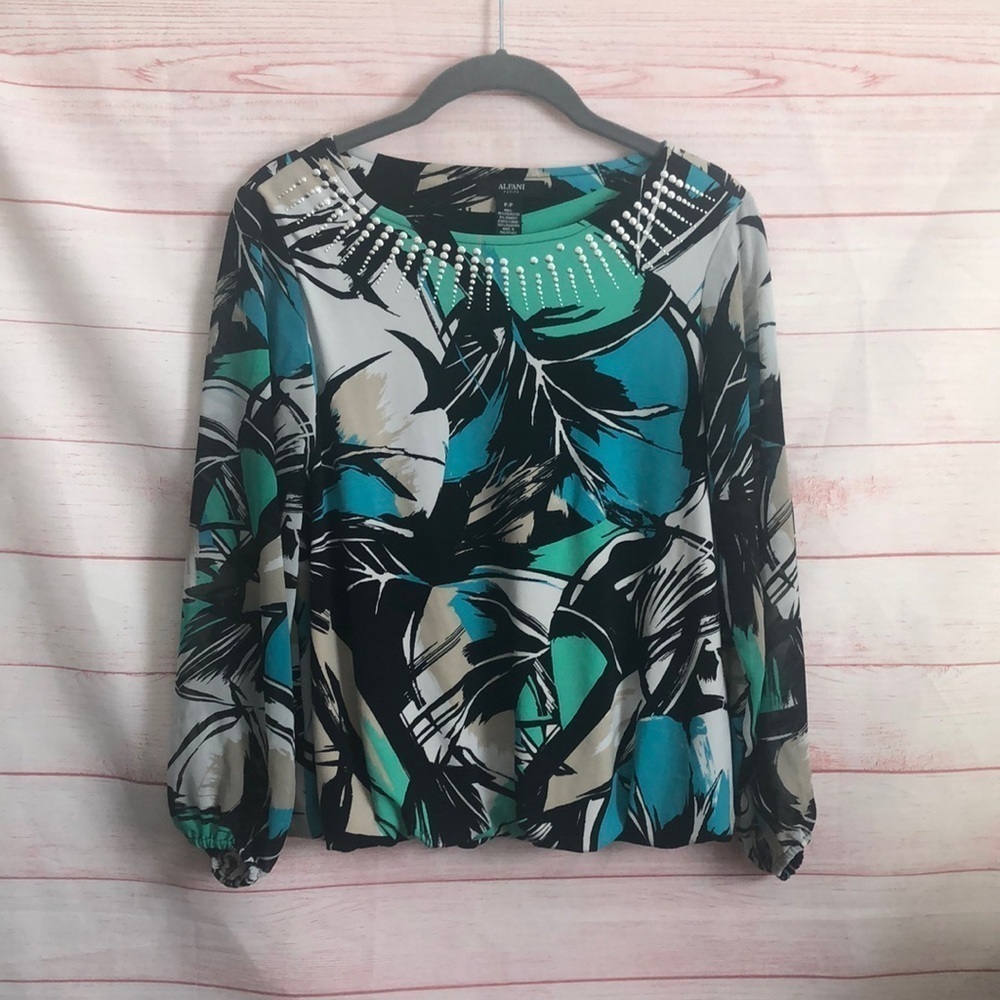 Alfani Petite PP Floral Print Blouse Green Blue Long Sleeve
